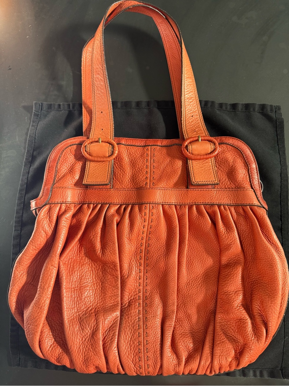 Cole Haan Burnt Orange Pebbled Leather Ruched Tote Bag